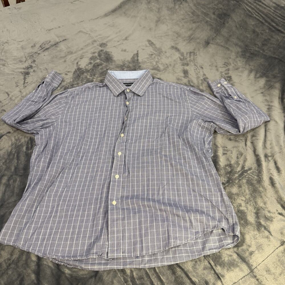 Nautica Men's Sz 17-1/2 XL Blue Plaid Cotton Button-Up Oxford Preppy